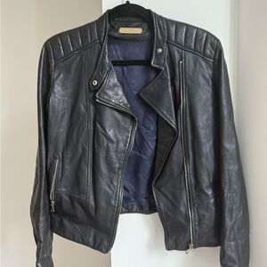 Massimo Dutti Dark Leather Jacket with Quilted Detail